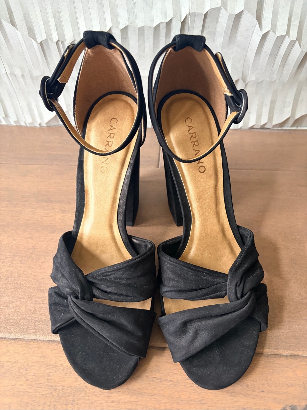 Carrano suede knot ankle strap block heels sandals sz 8 black brazil
